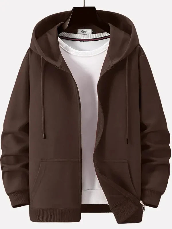 Men's relaxed fit full zip hoodie cotton blend fleece with kangaroo pockets and drawstring hood