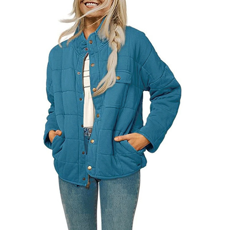 Women's mid-length quilted jacket loose fit stand collar button-front closure casual outerwear