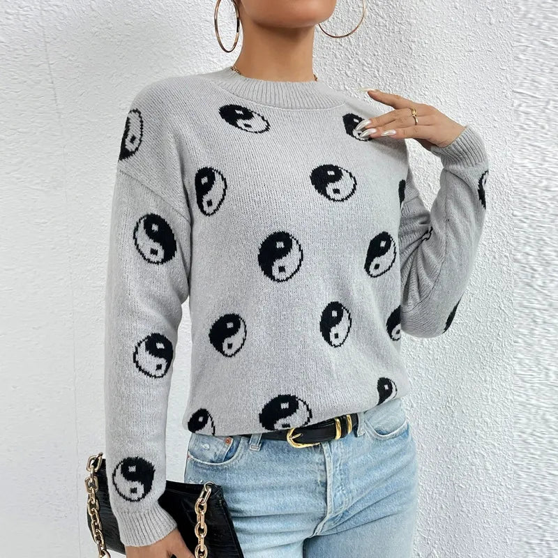 Women's relaxed fit pullover sweatshirt jacquard knit mushroom print round neck long sleeve