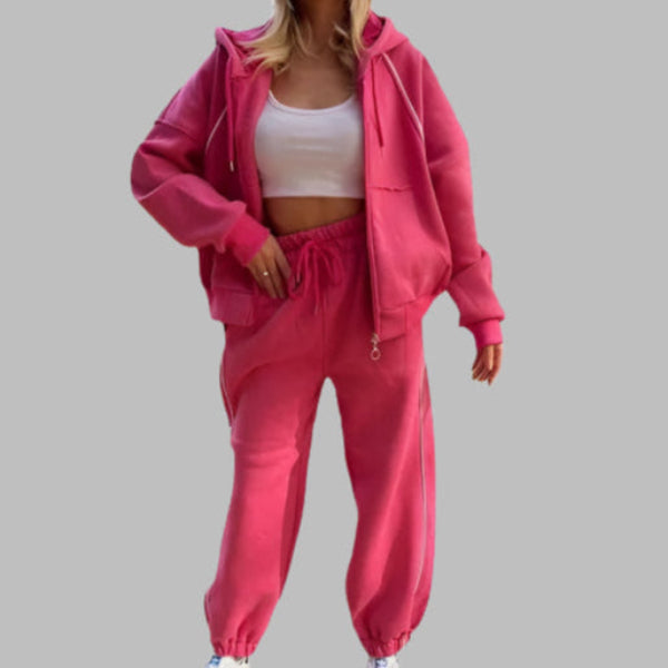 Women's oversized cotton fleece hoodie jogger set with zipper front and drawstring waist
