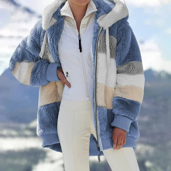 Women's oversized hooded jacket with plush faux fur lining, cozy city-style coat for cooler months