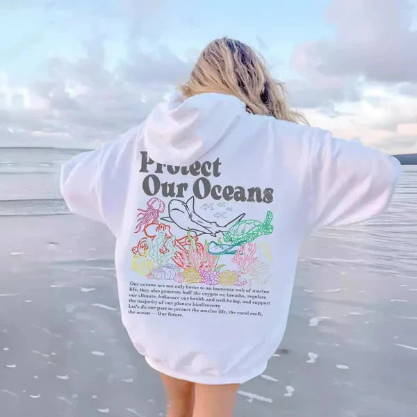 Women's oversized grey hoodie sweatshirt with marine graphic back print, cozy cotton-feel casual fit