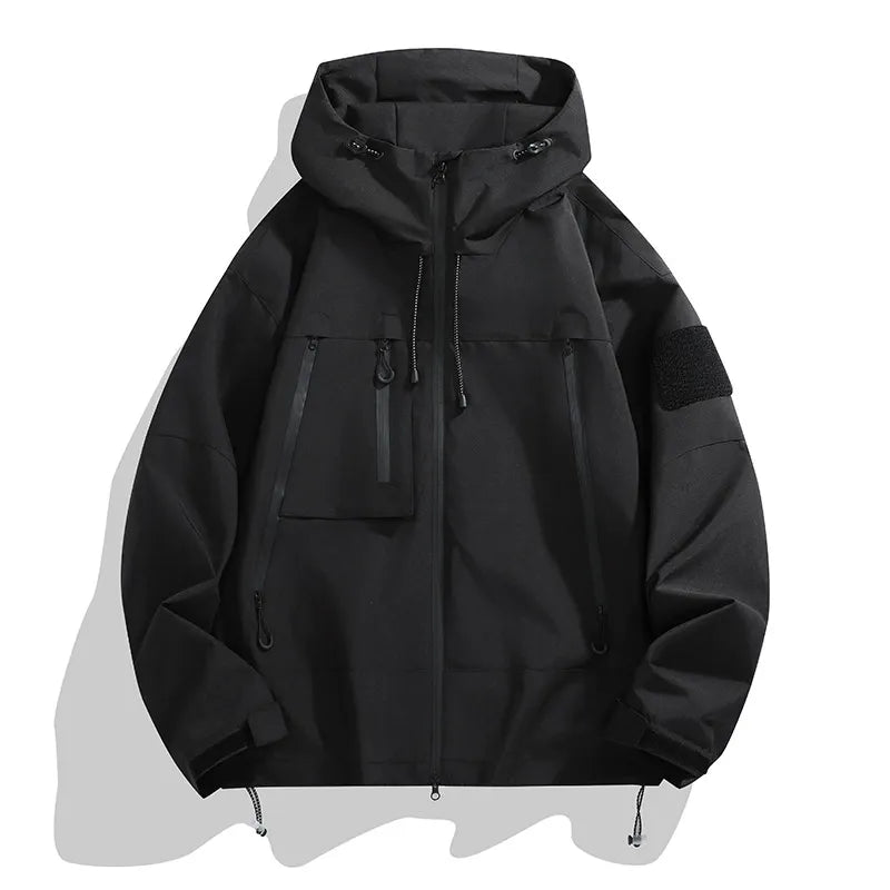 Men's relaxed fit hooded jacket in neutral tone, wind resistant with utility pockets for outdoor versatility