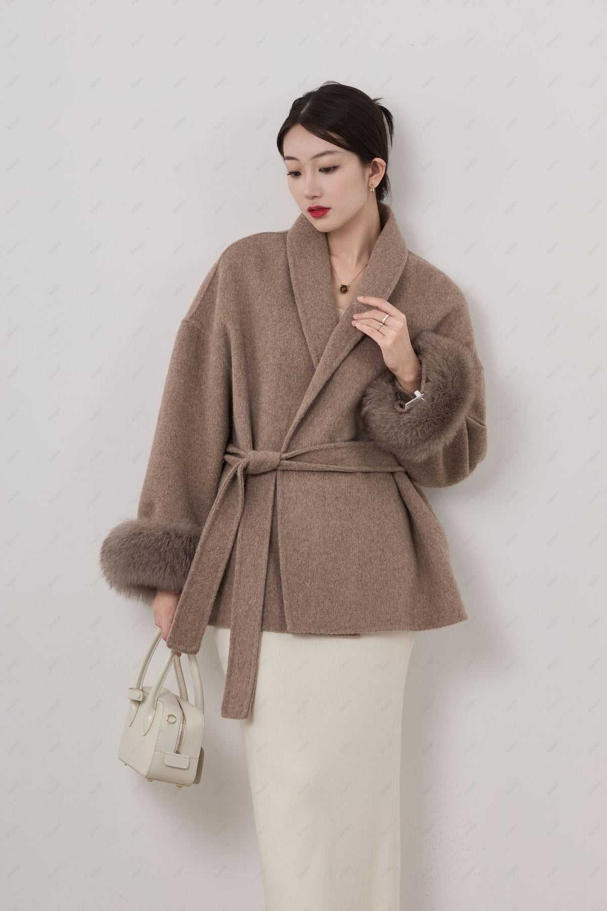 Women's short wool blend wrap coat with shawl collar and removable cuffs, timeless elegant fit