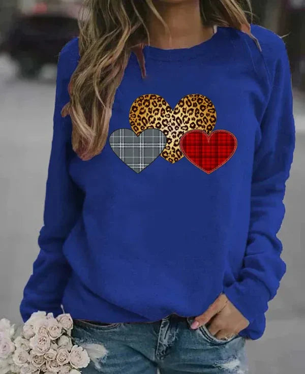Women's gray loose fit crew neck cotton blend sweatshirt with playful graphic heart print