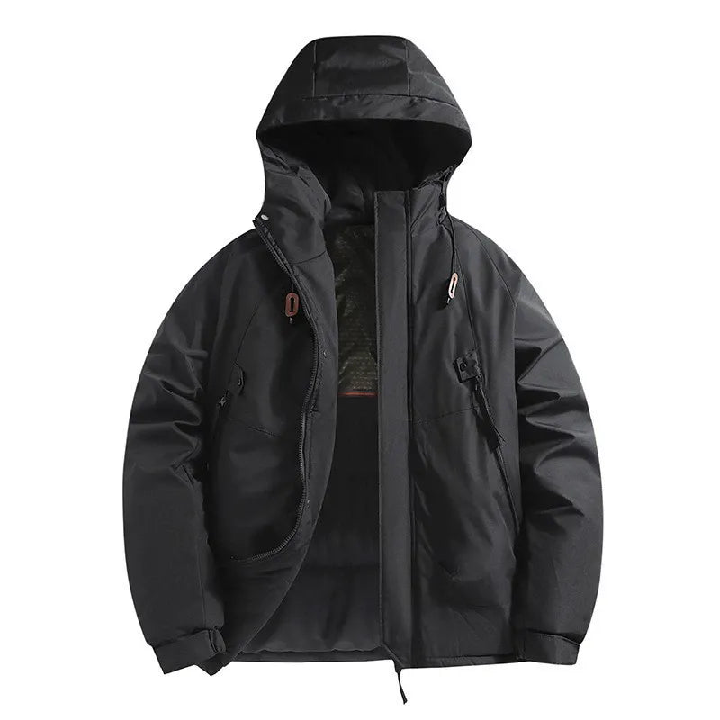 Men's windproof hooded padded jacket relaxed fit navy blue synthetic insulated outerwear