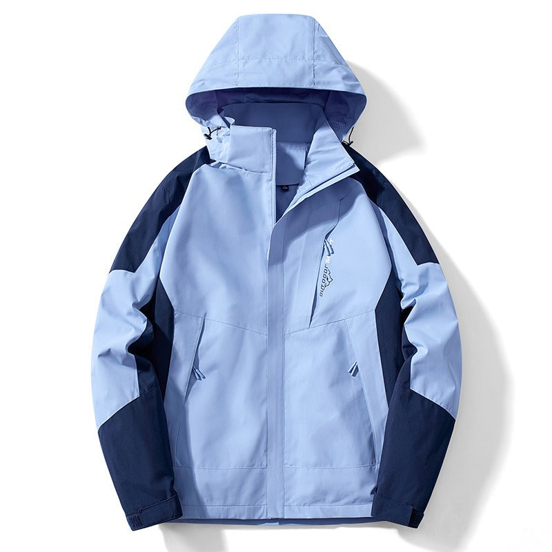 Men's water-resistant outdoor jacket with adjustable hood and zipper closure for all-weather versatility