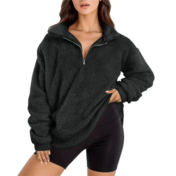 Women's oversized fleece pullover half-zip stand collar soft cozy casual fall warmth