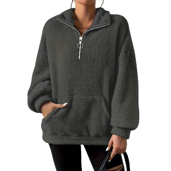 Women's oversized fleece sweatshirt half-zip stand collar with kangaroo pocket cozy everyday pullover