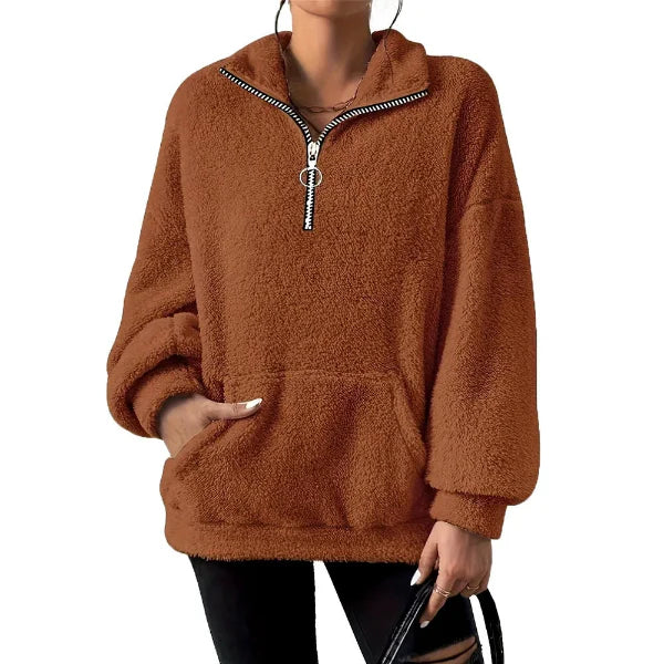 Women's oversized fleece sweatshirt half-zip stand collar with kangaroo pocket cozy everyday pullover