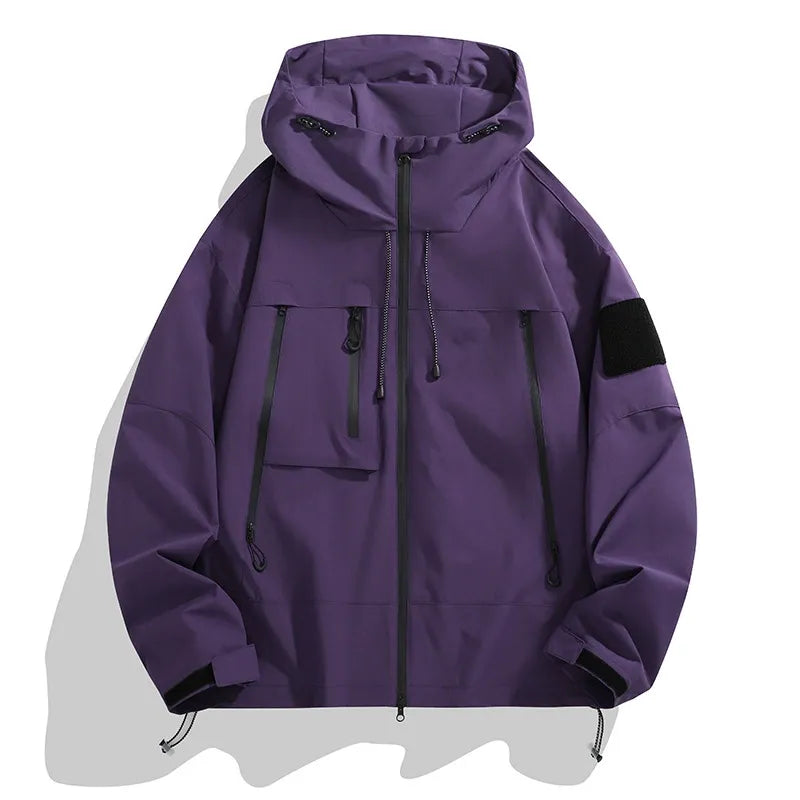 Men's relaxed fit hooded jacket wind resistant water repellent with utility pockets outdoor style