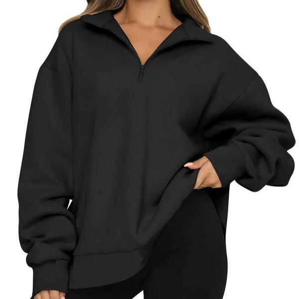 Women's oversized sweatshirt high collar short zip casual pullover soft cotton feel relaxed fit