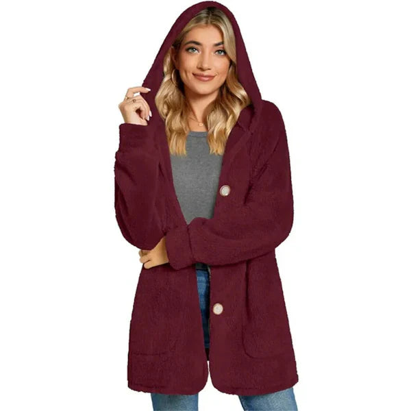 Women's oversized hooded cardigan plush furry knit cozy fit with pockets button front closure