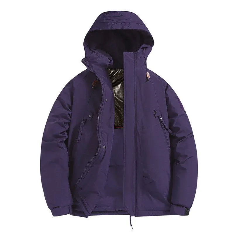 Men's black hooded padded jacket relaxed fit windproof water-resistant shell with zipper pockets
