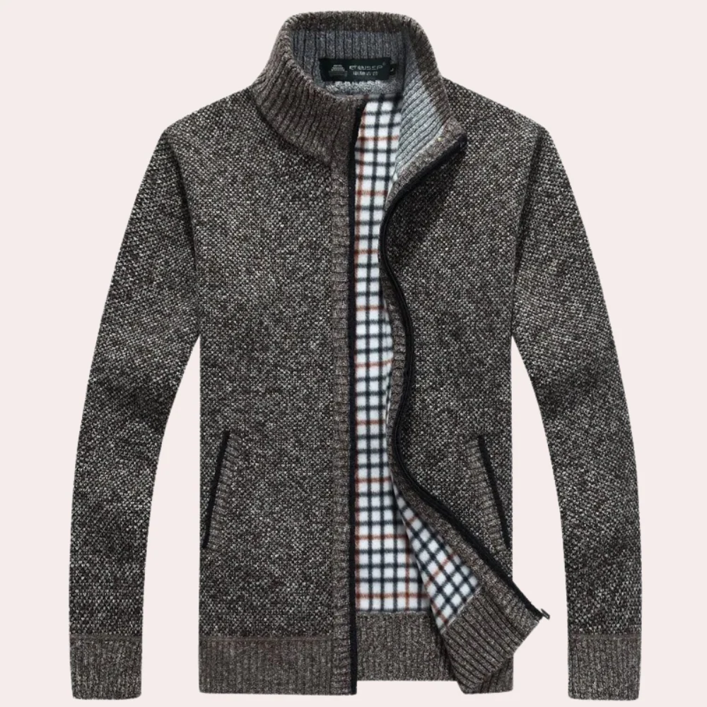Men's relaxed fit textured knit cardigan with zip front stand collar and ribbed trim