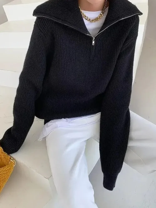 Women's wool knit pullover sweater relaxed fit high zip collar ribbed trim cozy everyday style