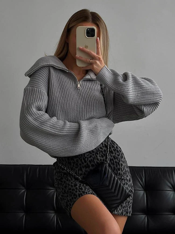 Women's wool knit pullover sweater, relaxed fit, high zip collar with ribbed trim, casual style