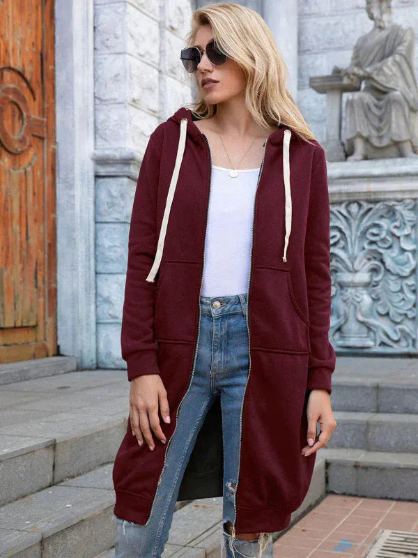 Women's oversized gray zip-front hooded sweatshirt long length casual cotton fit