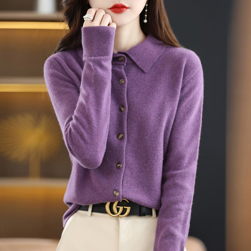 Camel wool blend women's cardigan sweater with polo collar, button-down relaxed fit