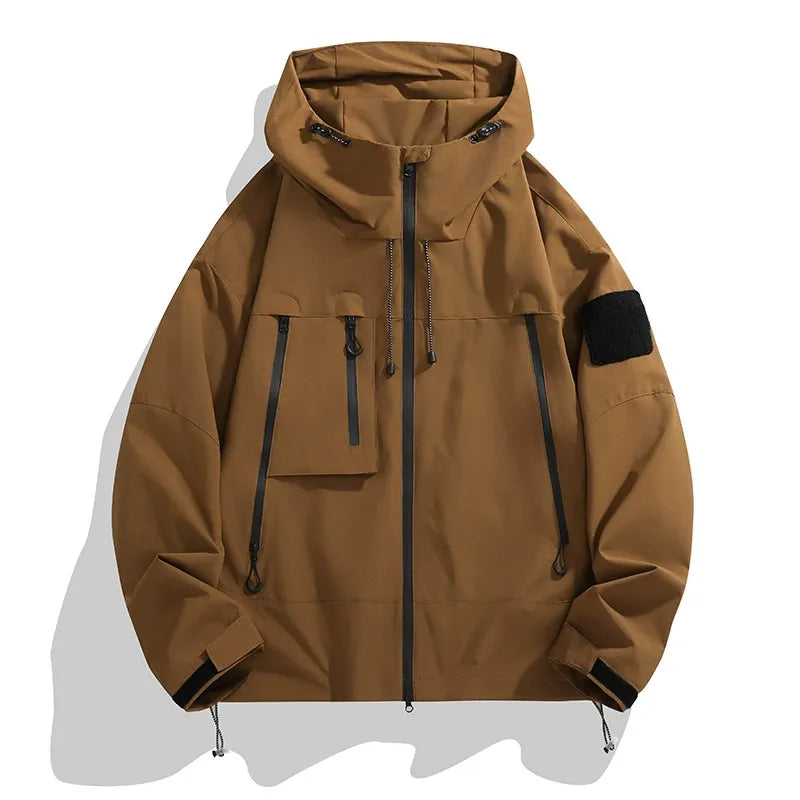 Men's relaxed fit hooded jacket in neutral tone, wind resistant with utility pockets for outdoor versatility