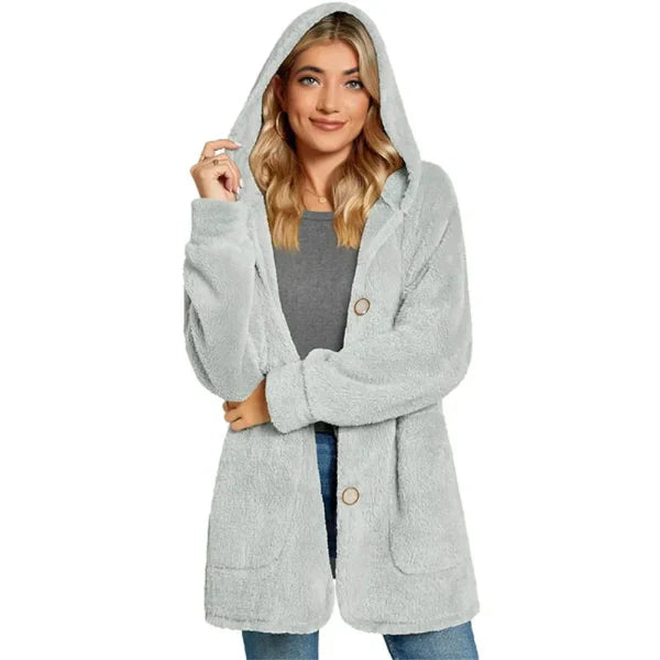 Women's oversized hooded cardigan plush furry knit button front with pockets cozy winter style