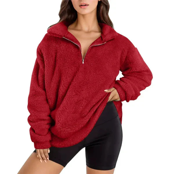 Women's oversized fleece pullover half-zip stand collar soft cozy casual fall warmth