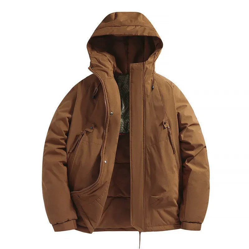 Men's black hooded padded jacket relaxed fit windproof water-resistant shell with zipper pockets