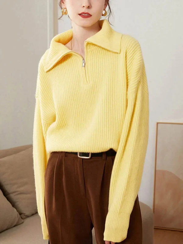 Women's wool knit pullover sweater, relaxed fit, high zip collar with ribbed trim, warm everyday style