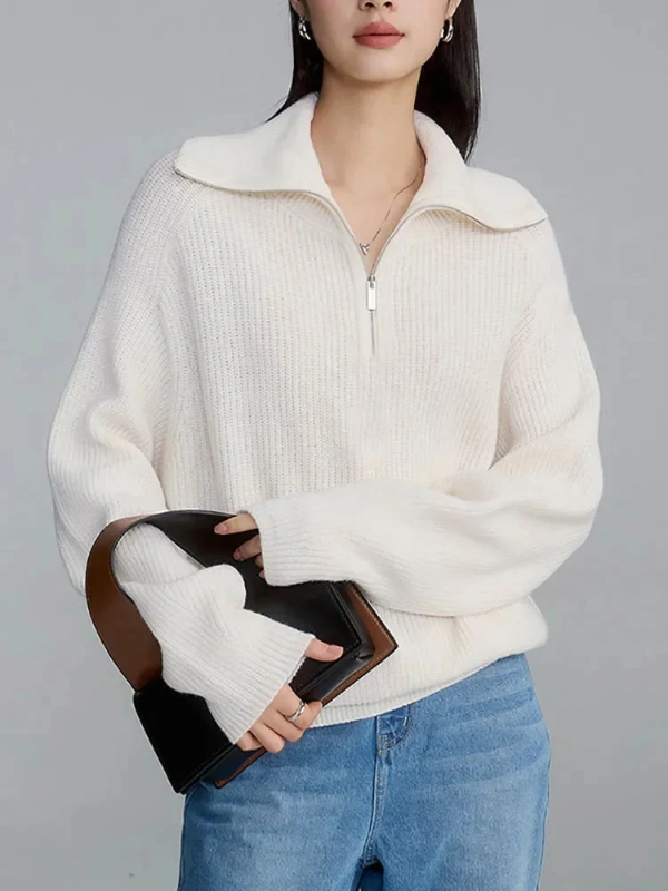 Women's wool knit pullover sweater, relaxed fit, high zip collar with ribbed trim, warm everyday style