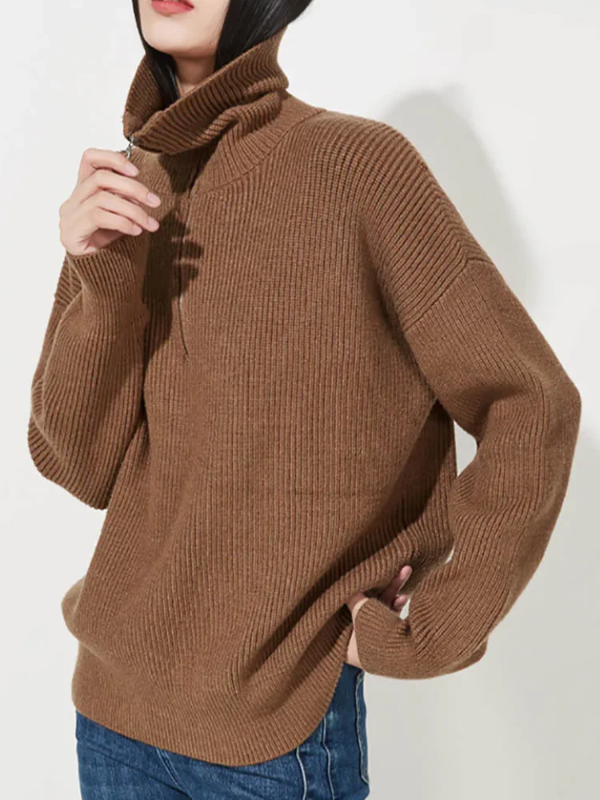 Women's wool knit pullover sweater relaxed fit high zip collar ribbed trim warm casual style