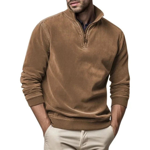 Men's regular fit soft fleece pullover quarter zip collar with ribbed trim, casual fall style