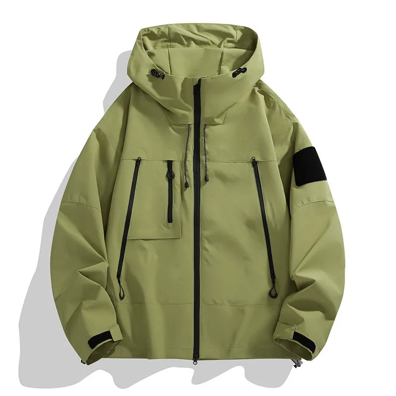 Men's relaxed fit hooded jacket, wind resistant water repellent, utility pockets, Nordic outdoor style