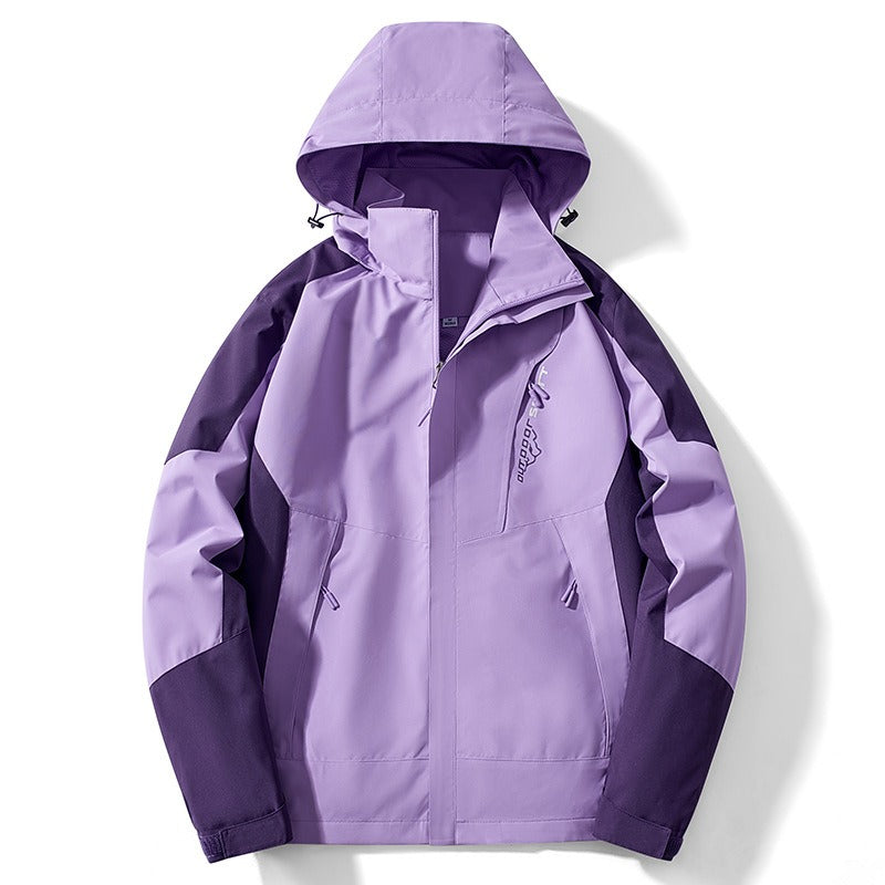 Men's water-resistant outdoor jacket with adjustable hood zipper closure for all-weather urban trail use
