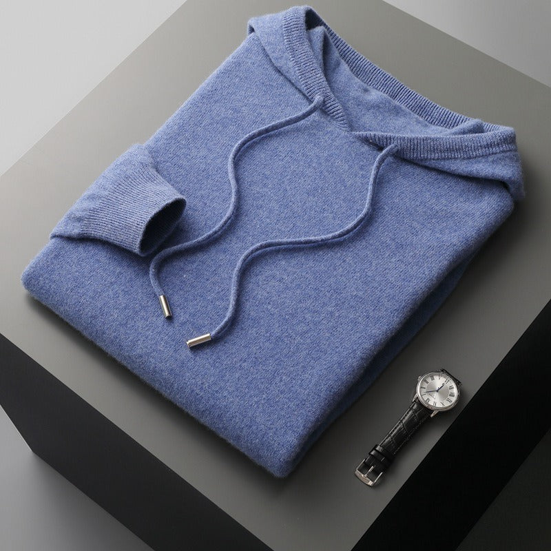Men's wool knit hoodie relaxed fit with drawstring hood and ribbed trim cozy soft-touch finish