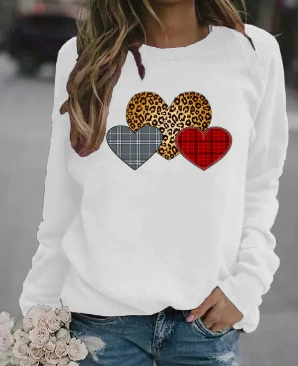 Women's gray loose fit cotton blend crew neck sweatshirt with playful graphic heart print