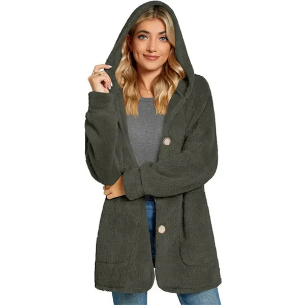Women's oversized hooded cardigan plush furry knit cozy button-front with pockets