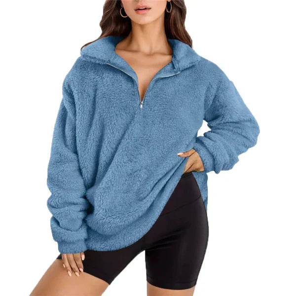 Women's oversized fleece pullover half-zip stand collar soft cozy casual fall warmth
