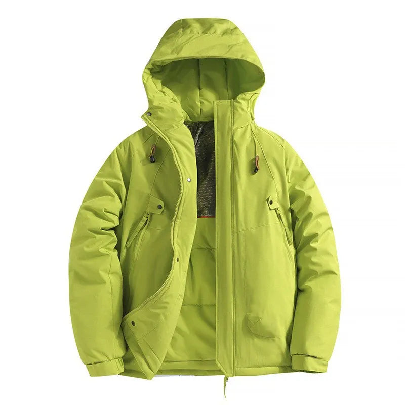 Men's black hooded padded jacket relaxed fit with zipper pockets, windproof water-resistant shell