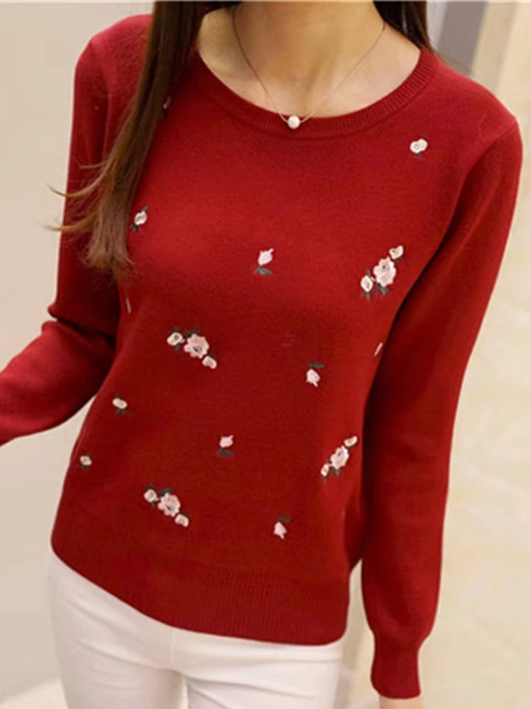 Women's wool blend knit sweater regular fit with embroidered floral design cozy fall fashion