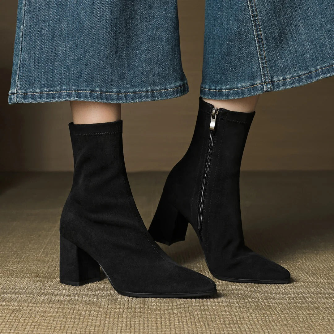 Celinne Paris stretch suede boots, pointed toe sculpted heel, sleek Parisian elegance cool-weather style