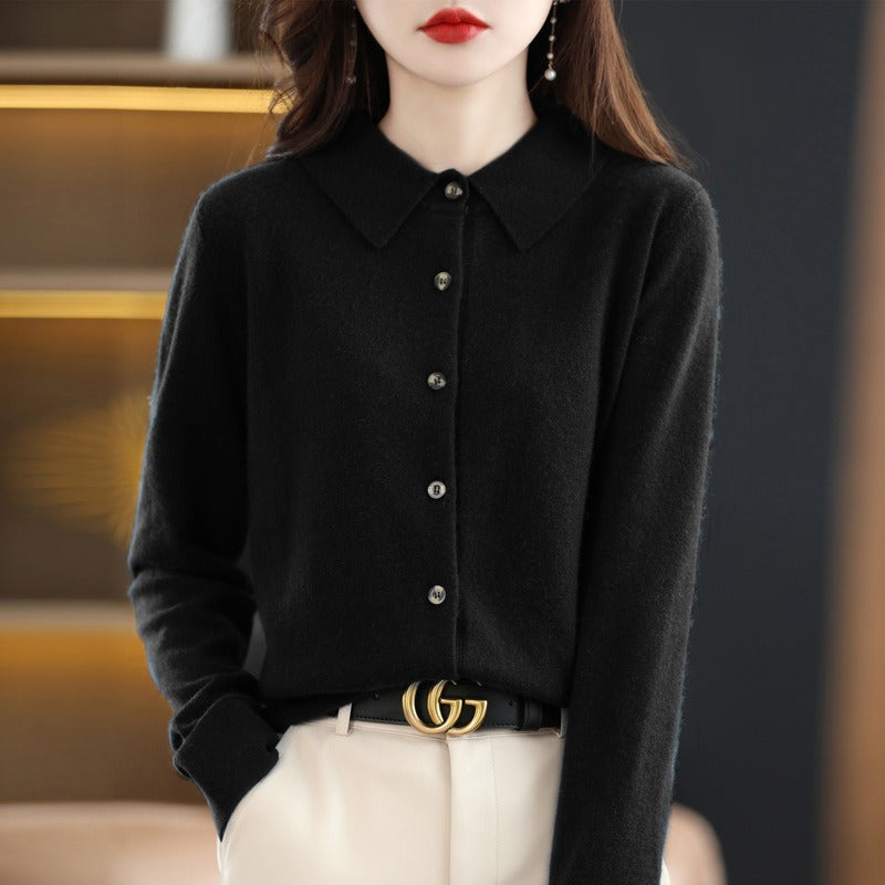 Women's camel wool blend cardigan sweater with polo collar, button-down relaxed fit versatile layer
