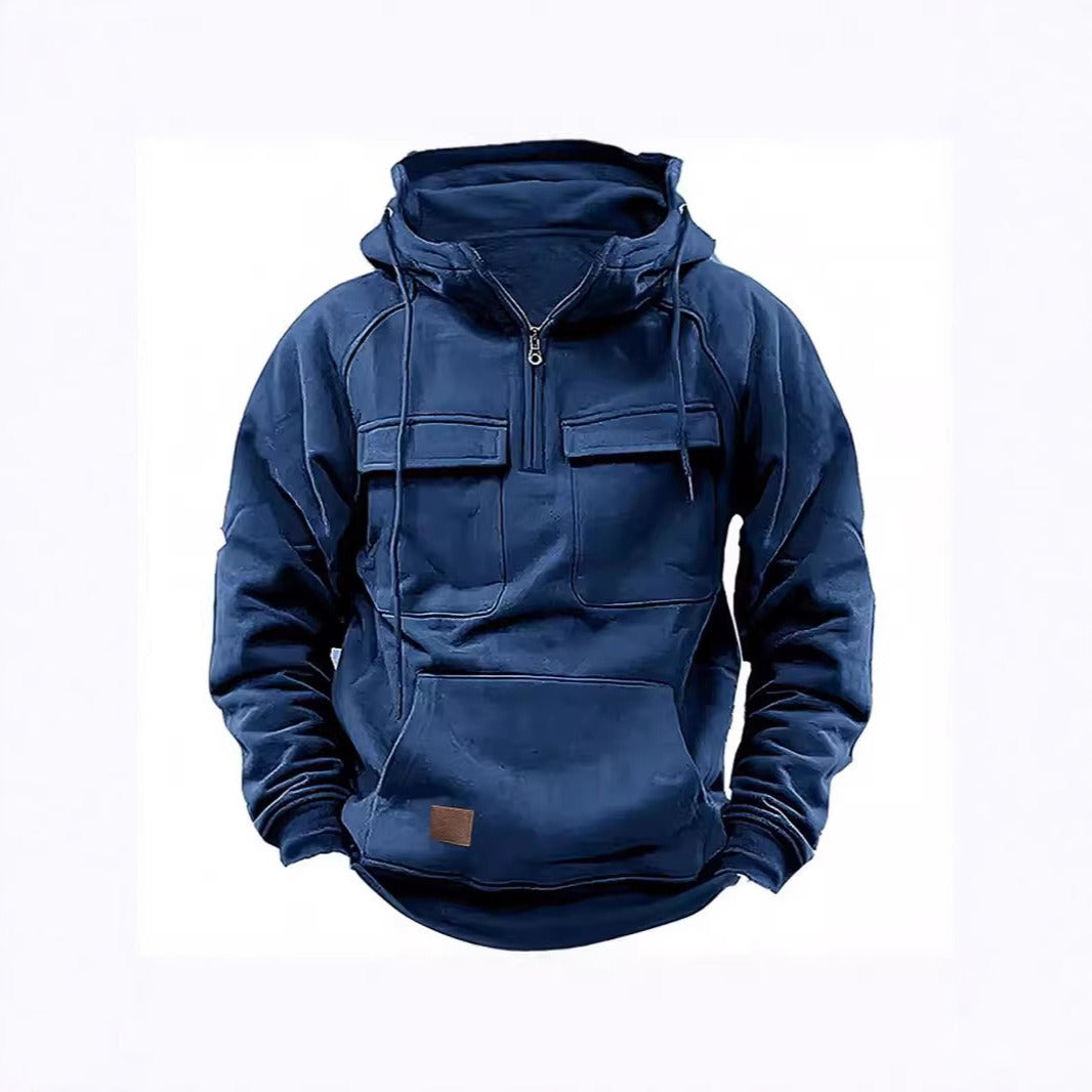 Men's relaxed fit half-zip hoodie with chest flap pockets in soft cotton fleece