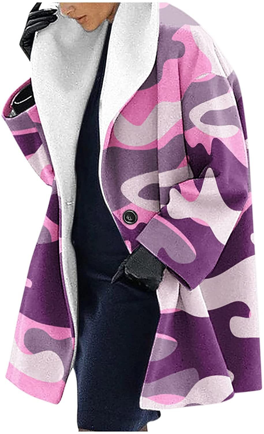 Women's wool-blend hooded jacket mid-length loose fit ethnic floral print cozy outerwear