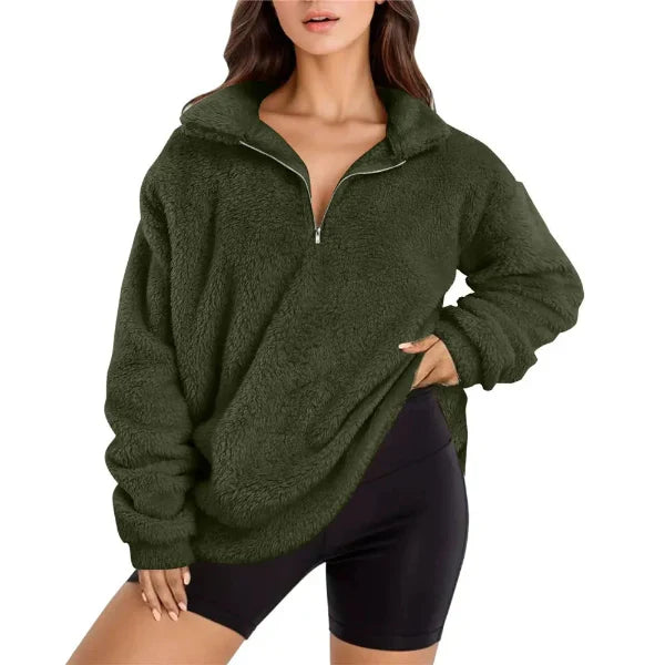 Women's oversized fleece pullover half-zip stand collar soft cozy casual fall warmth