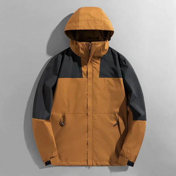 Men's regular fit windproof outdoor jacket with detachable hood, water-resistant layer for hiking