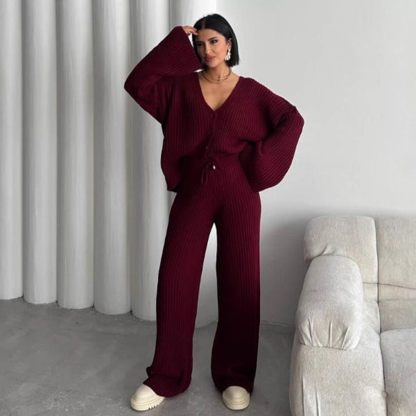Women's ribbed knit cardigan set oversized fit wide sleeves button-front two-piece lounge sweater