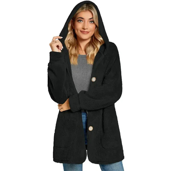 Women's oversized hooded cardigan cozy plush furry knit with button front and pockets