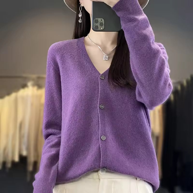 Women's cream wool blend relaxed-fit V-neck sweater with button front closure and long sleeves