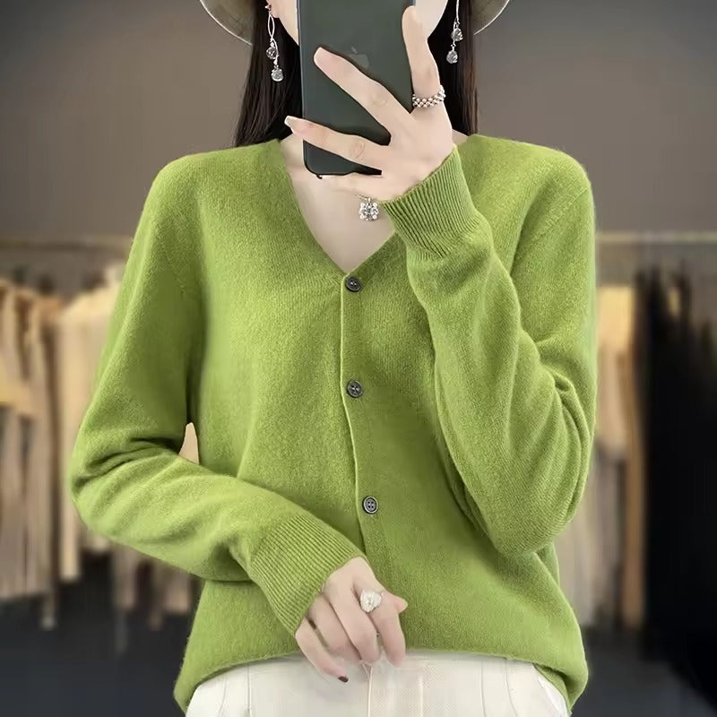 Women's oatmeal wool blend relaxed-fit V-neck sweater with button front closure and long sleeves