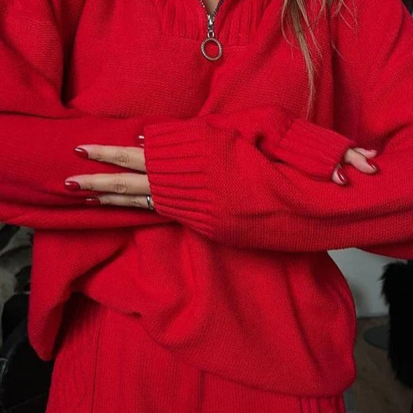 Women's oversized quarter-zip soft knit loungewear top with ribbed cuffs, casual cozy style